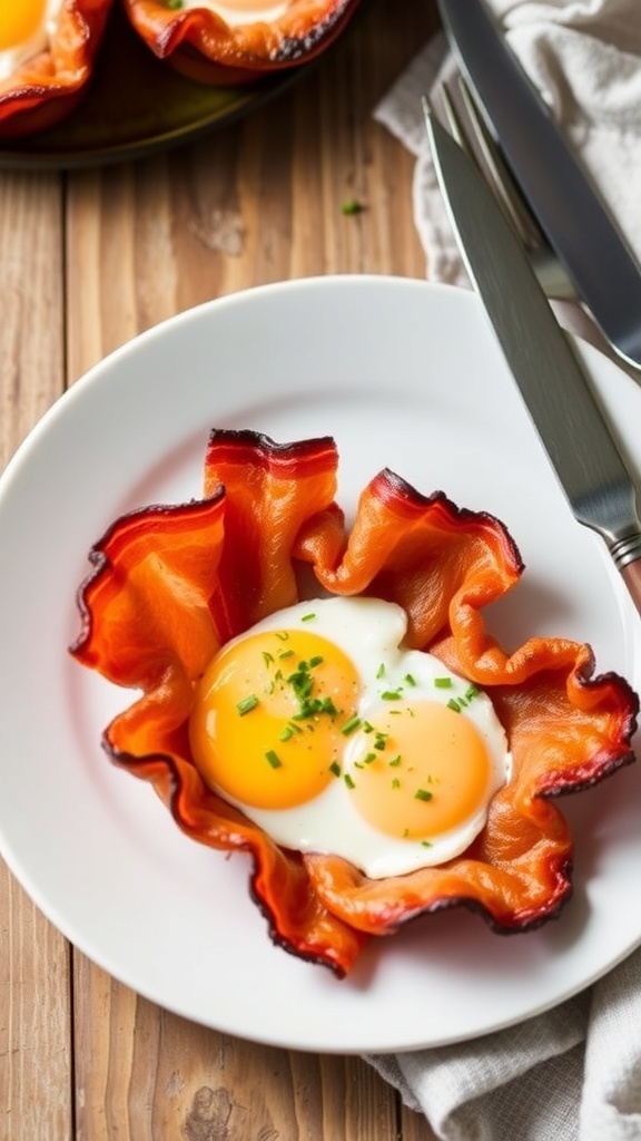 Air Fryer Bacon and Egg Cups Recipe Air fryer bacon and egg cups with crispy bacon and sunny-side up eggs on a rustic plate.